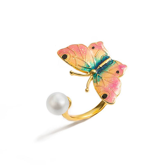 Enameled butterfly and pearl ring