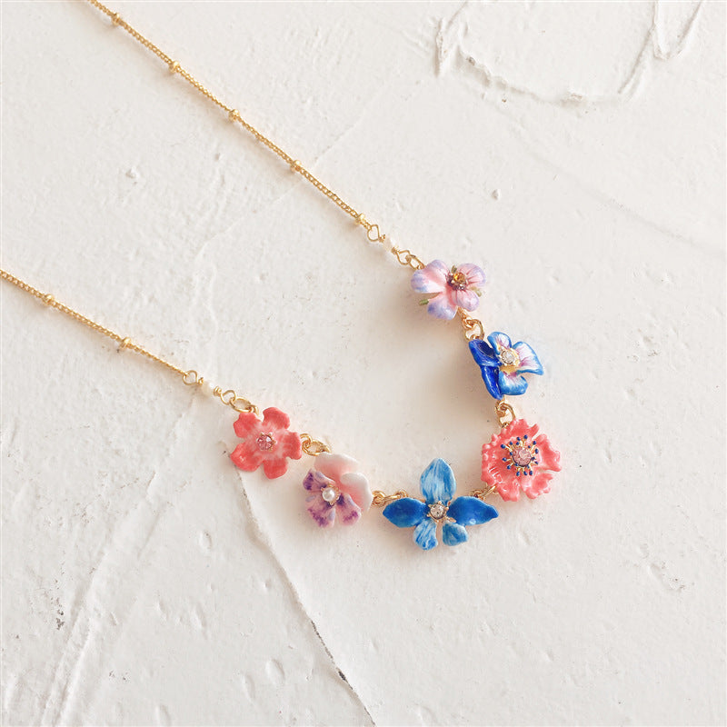 Hand Painted Enamel Multicolor Pansy Necklace