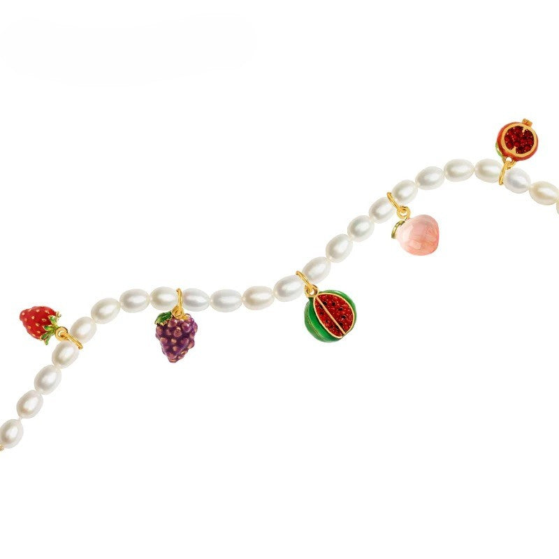 Freshwater pearl and enamel fruit bracelet