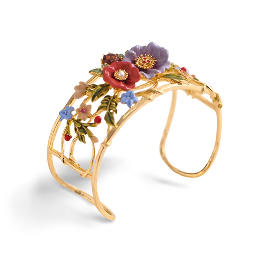 Hand-painted enamel peony flower open bracelet