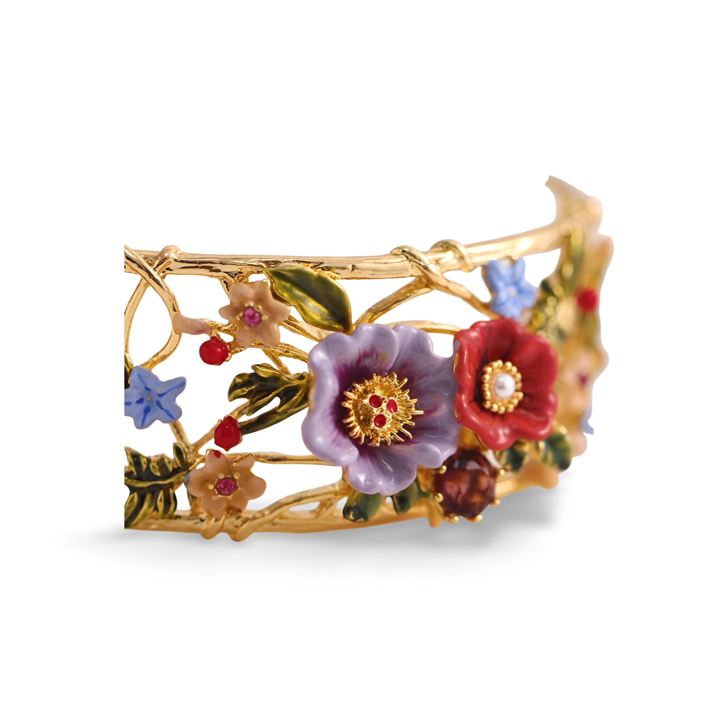 Hand-painted enamel peony flower open bracelet