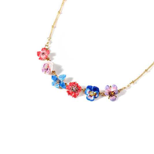 Hand Painted Enamel Multicolor Pansy Necklace