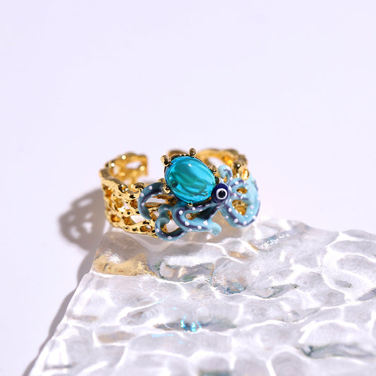 Hand Painted Blue Octopus Ring