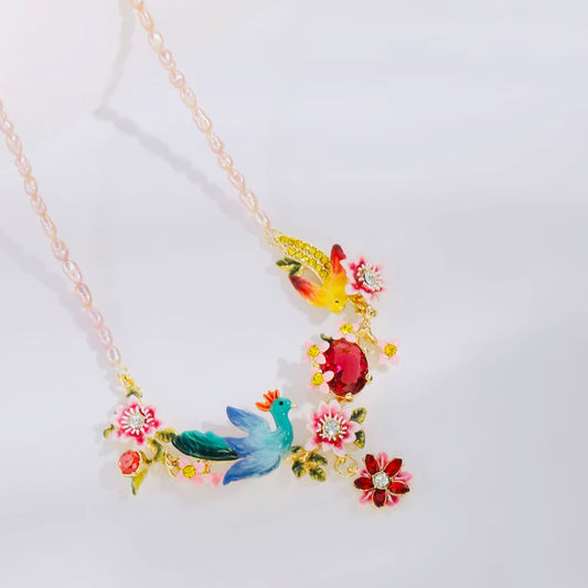 Blue Peacock and Dahlia Necklace