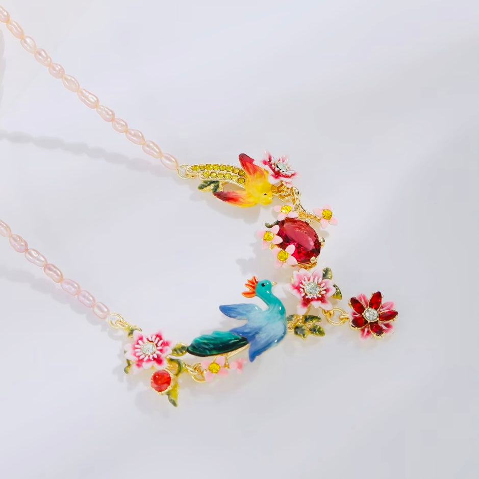 Blue Peacock and Dahlia Necklace