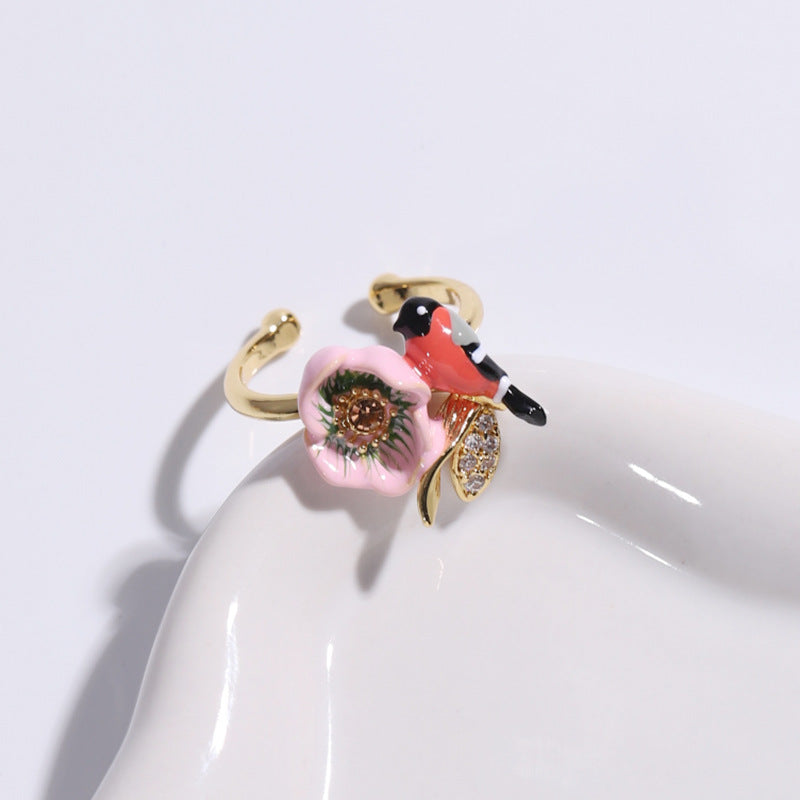 Hand Painted Pink Flower and Bird Ring