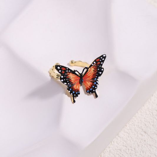 Enameled Orange Butterfly Ring