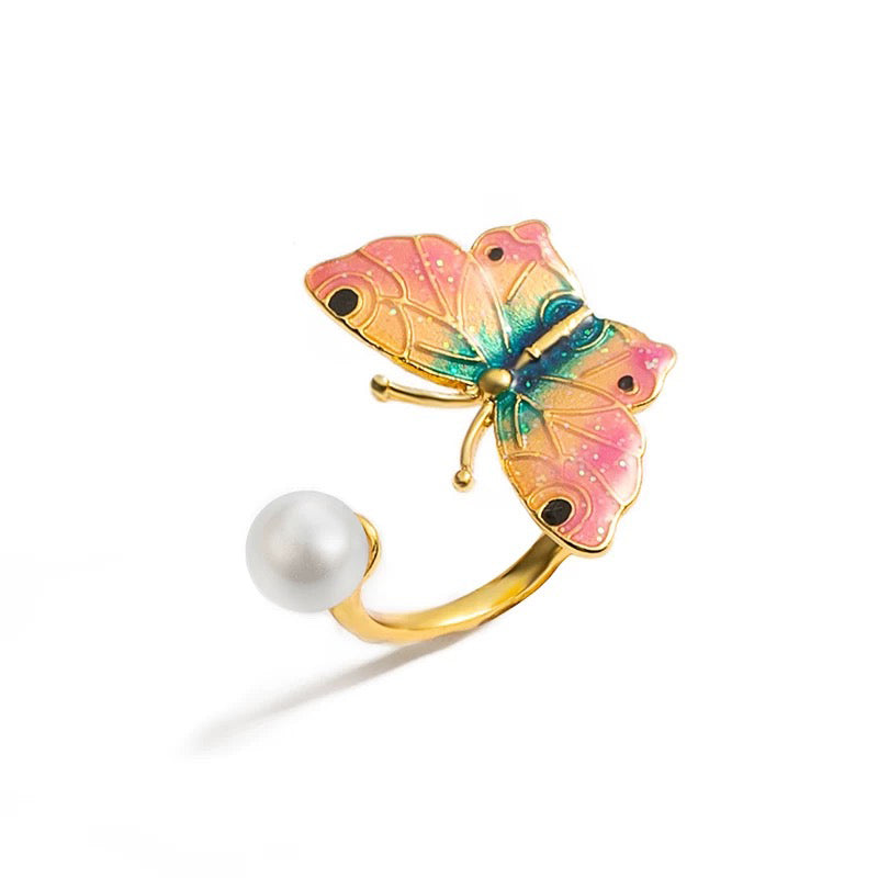 Enameled butterfly and pearl ring