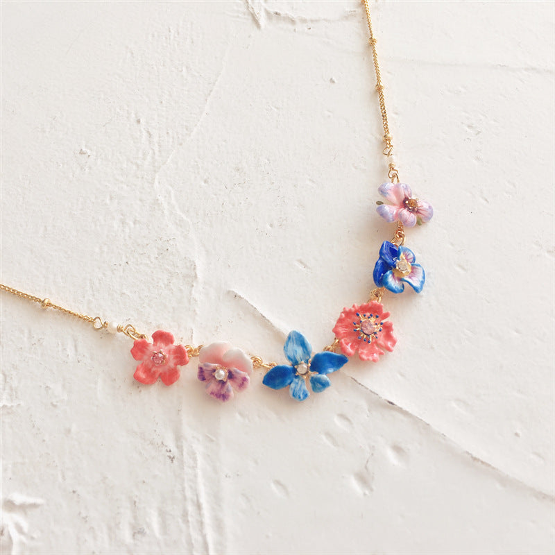 Hand Painted Enamel Multicolor Pansy Necklace