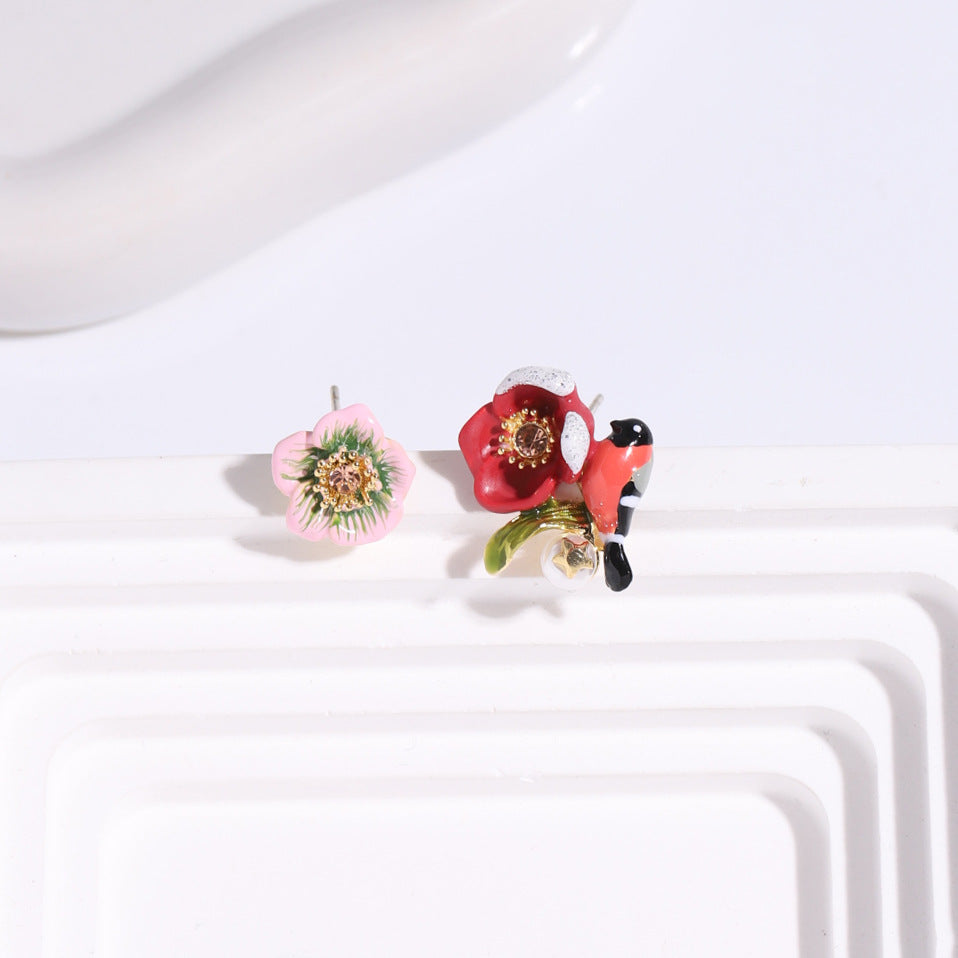 Magpie and Flower Asymmetrical Stud Earring