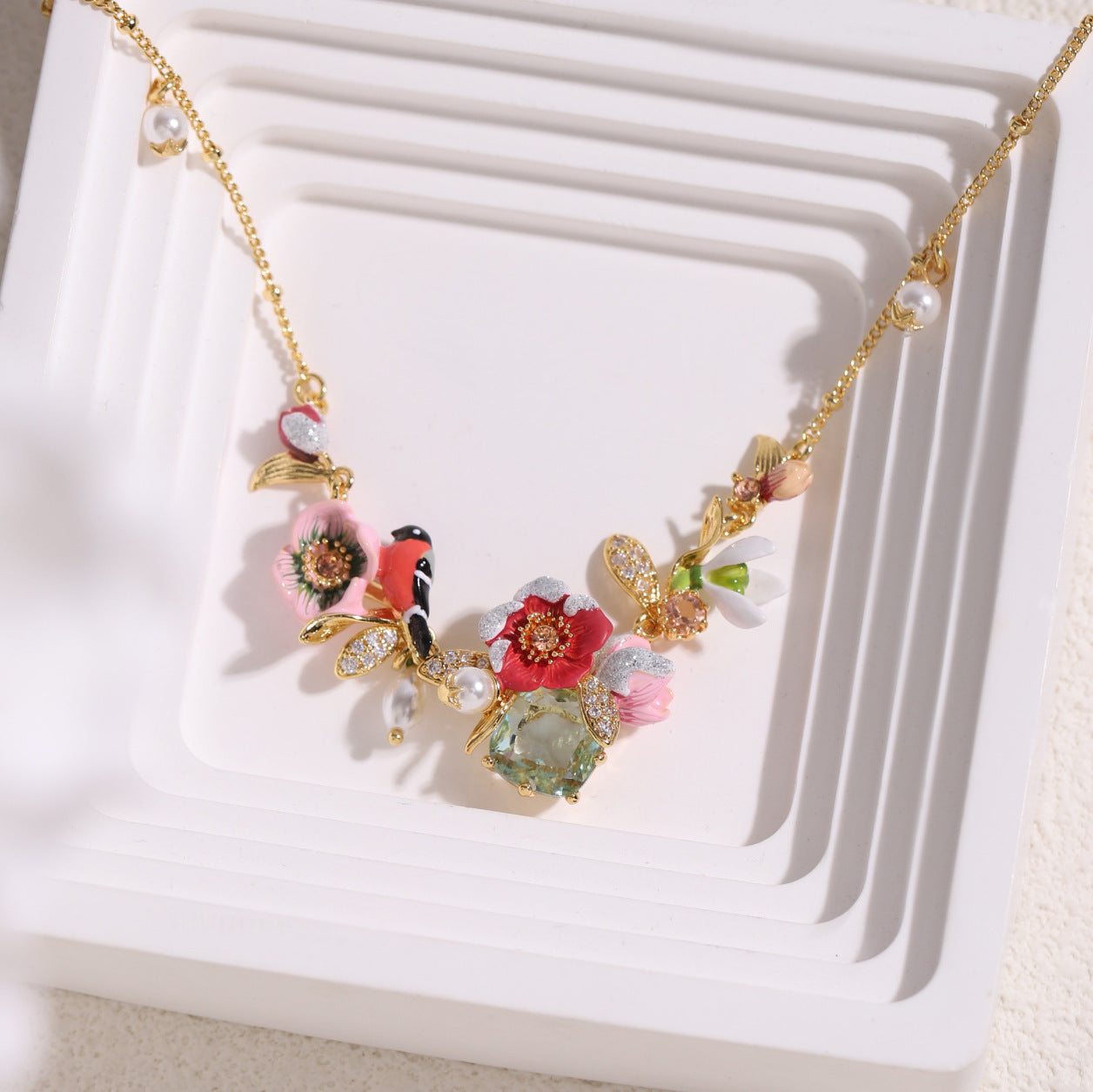Winter Theme - Birds & Flowers with Pearl Necklace