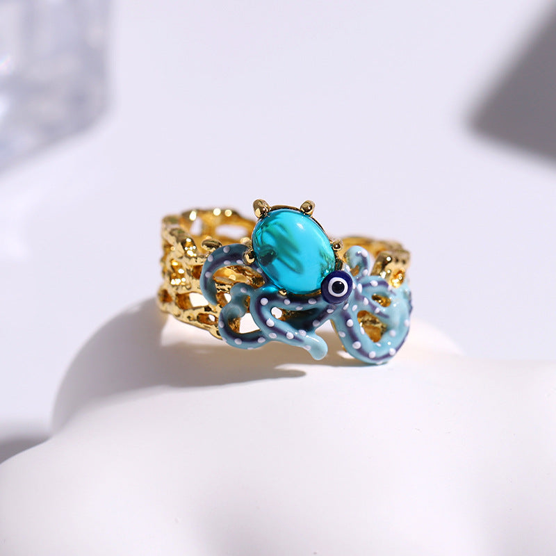 Hand Painted Blue Octopus Ring