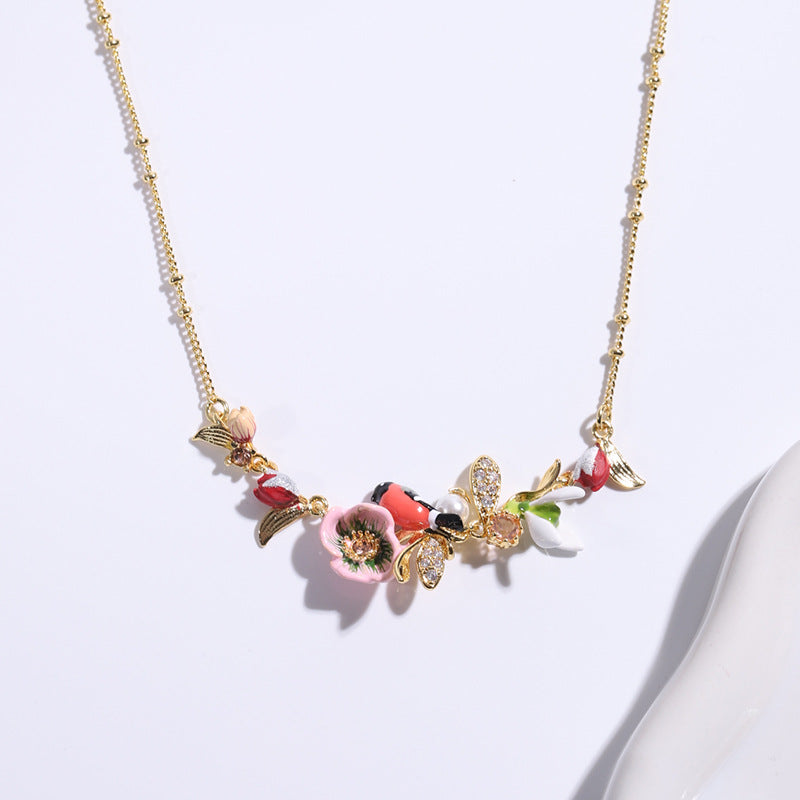 Pink Plum Blossom with Bird Necklace