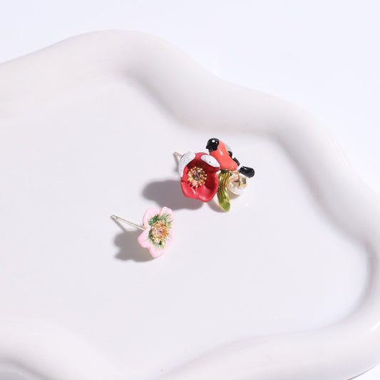 Magpie and Flower Asymmetrical Stud Earring