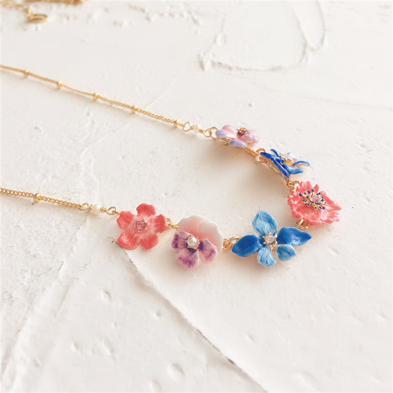 Hand Painted Enamel Multicolor Pansy Necklace