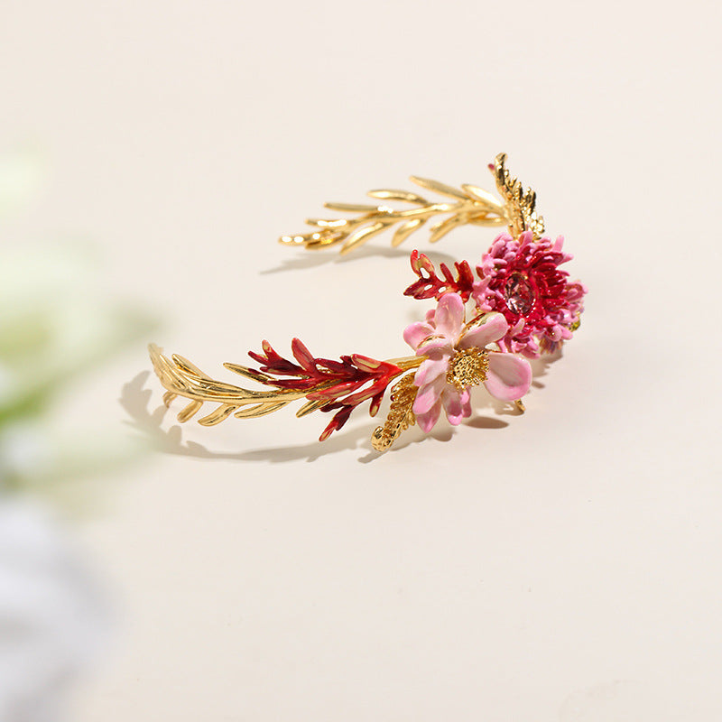Hand-painted Aster Lotus Flower Open Bracelet