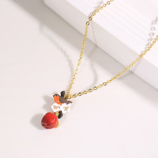 Red Apple and Bird Necklace