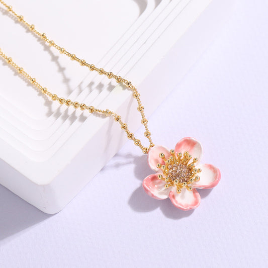 Hand Painted Enamel Apple Blossom Necklace