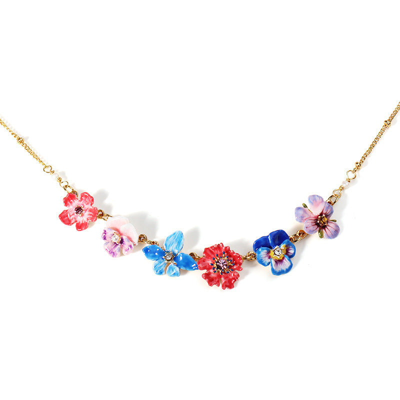 Hand Painted Enamel Multicolor Pansy Necklace