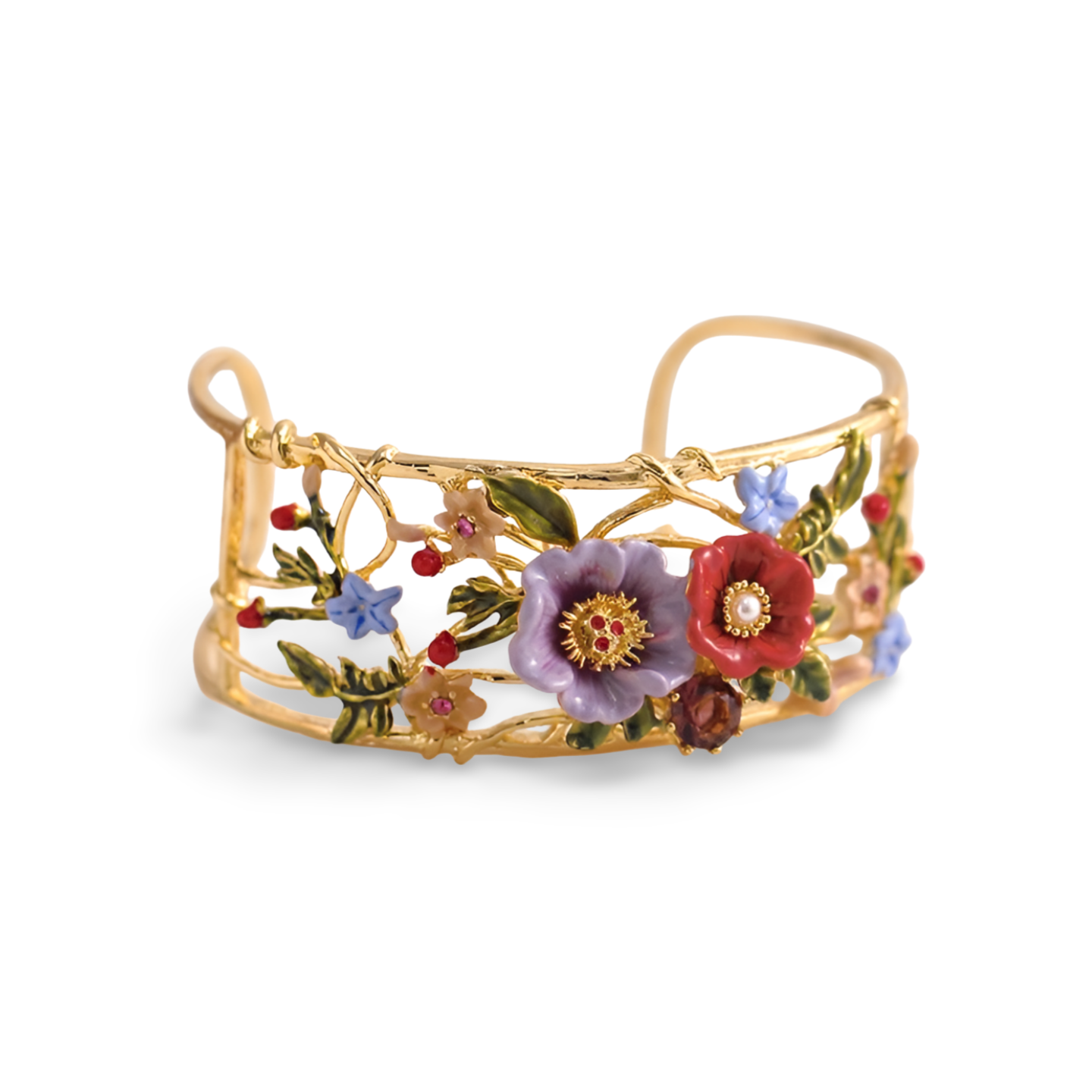 Hand-painted enamel peony flower open bracelet