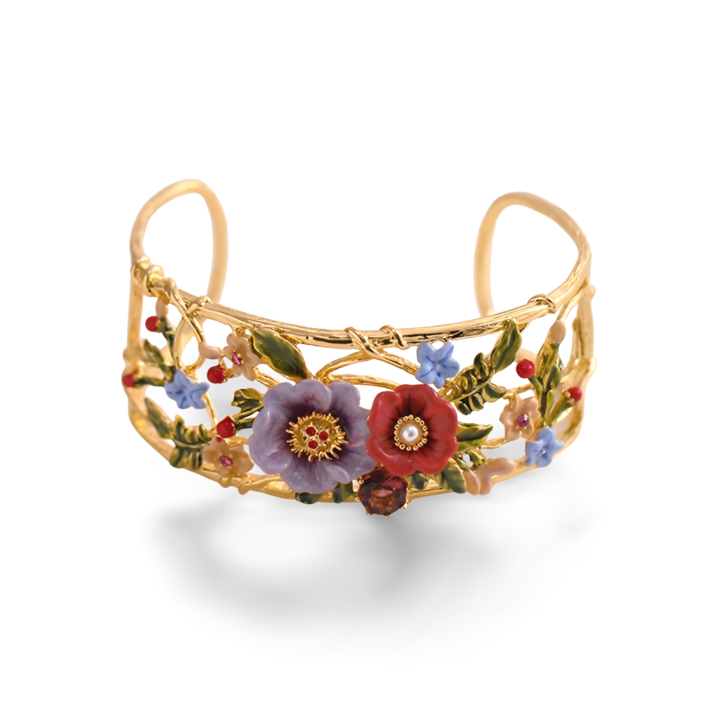 Hand-painted enamel peony flower open bracelet