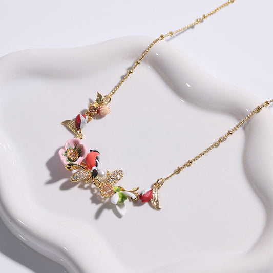 Pink Plum Blossom with Bird Necklace