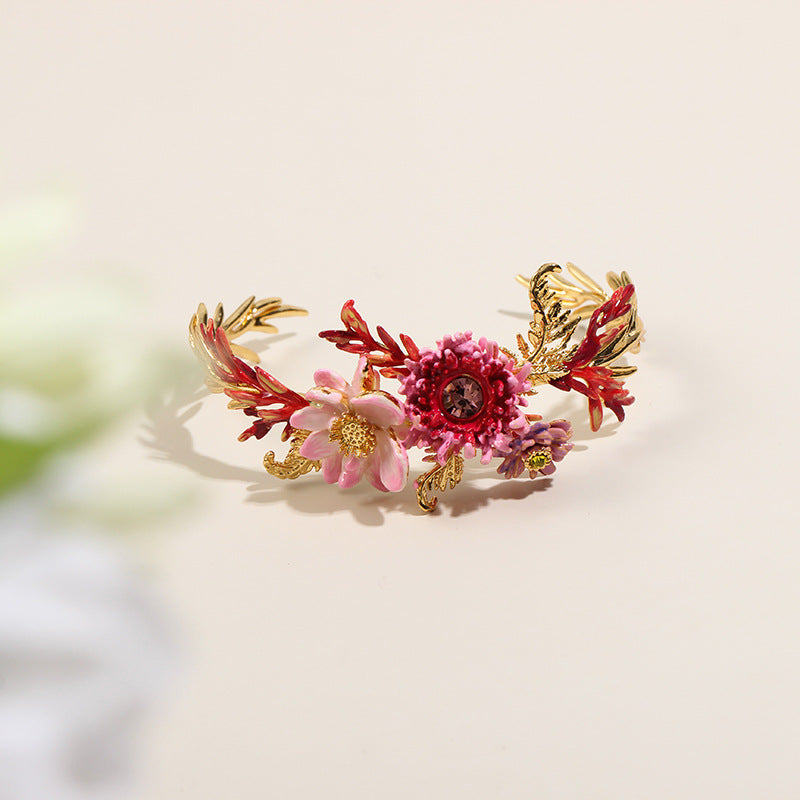 Hand-painted Aster Lotus Flower Open Bracelet