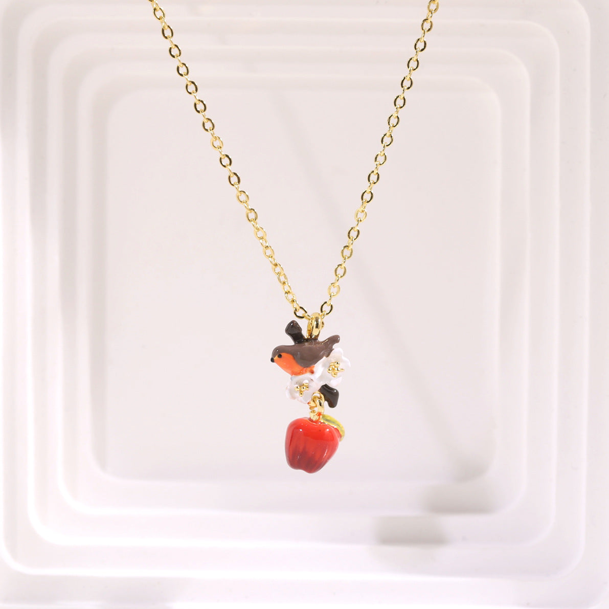 Red Apple and Bird Necklace
