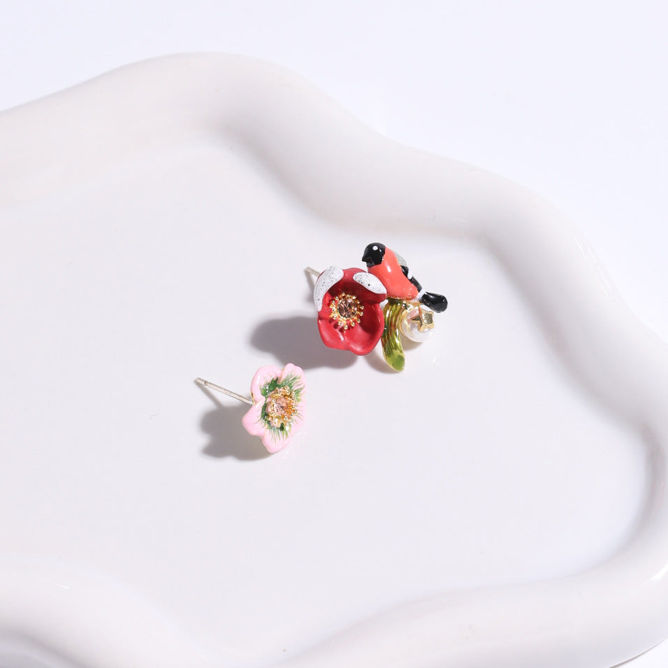 Magpie and Flower Asymmetrical Stud Earring