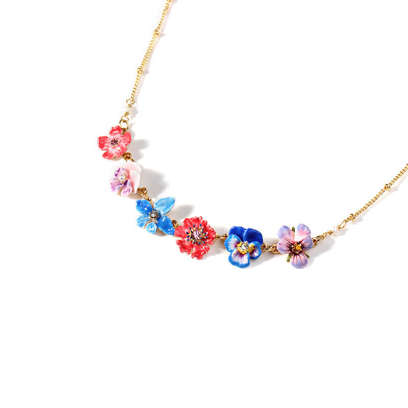 Hand Painted Enamel Multicolor Pansy Necklace