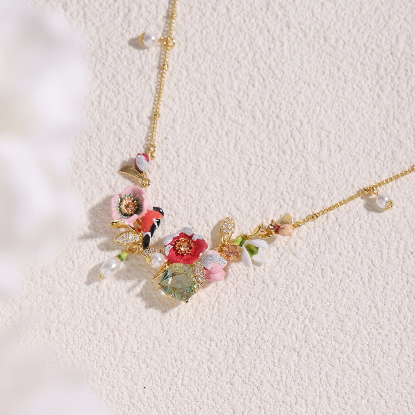 Winter Theme - Birds & Flowers with Pearl Necklace