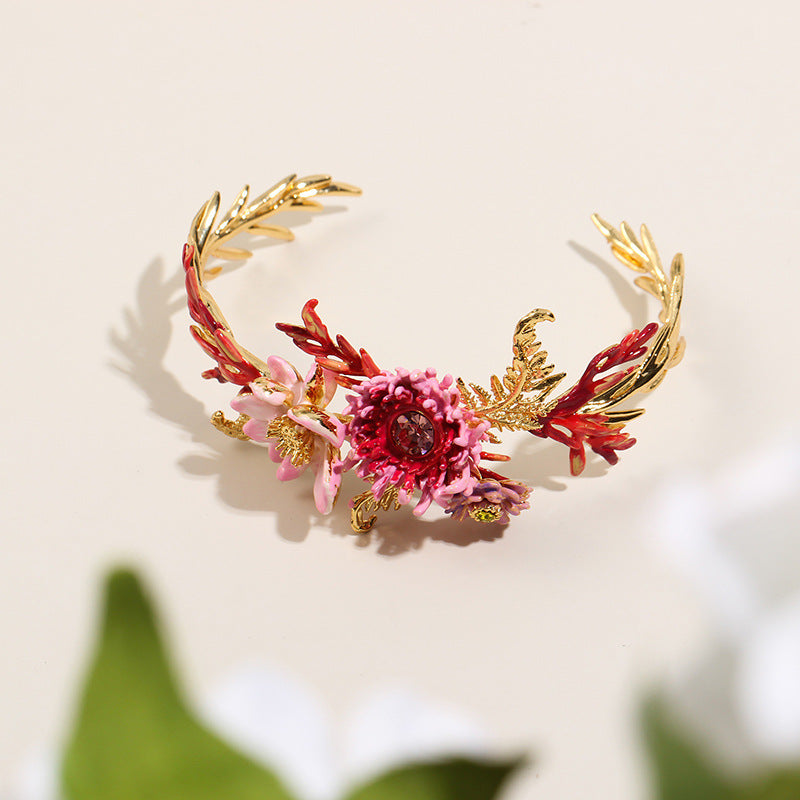 Hand-painted Aster Lotus Flower Open Bracelet