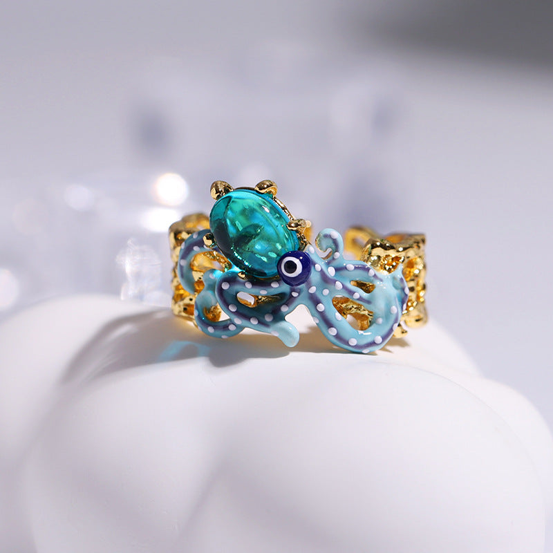 Hand Painted Blue Octopus Ring