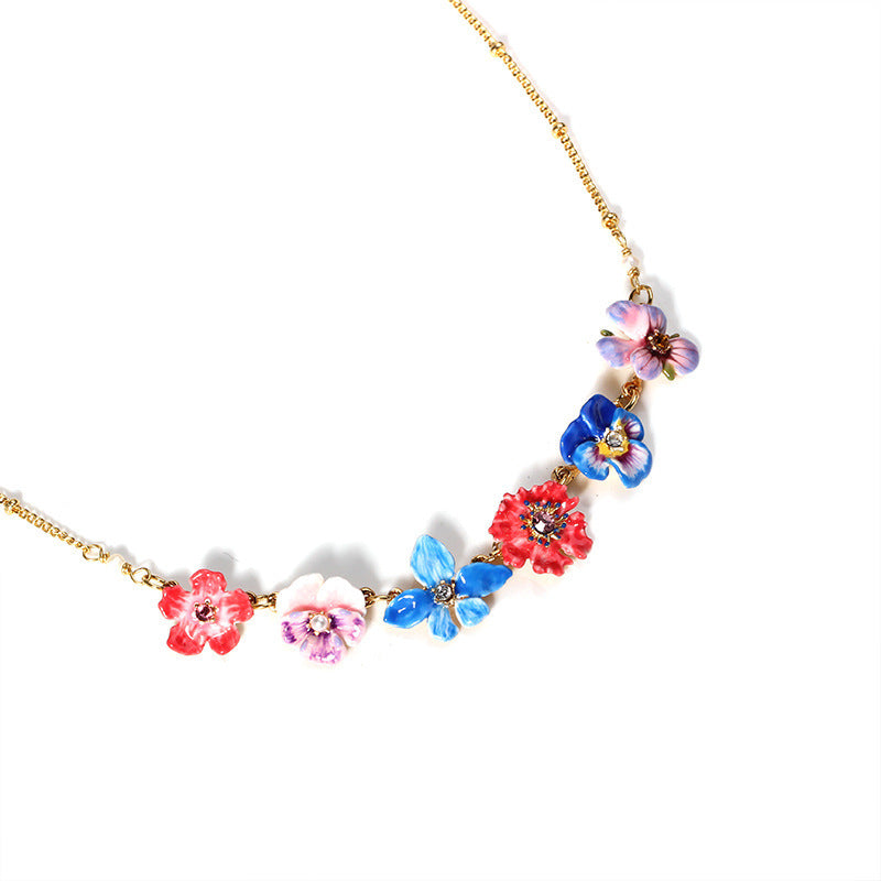 Hand Painted Enamel Multicolor Pansy Necklace