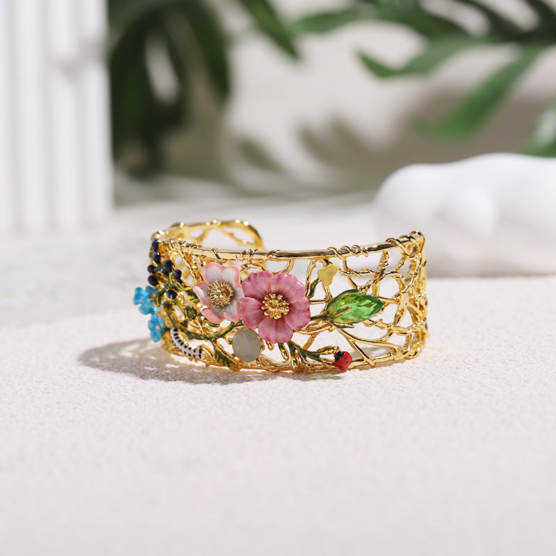 Hand Painted Enamel Pink Flower Bracelet