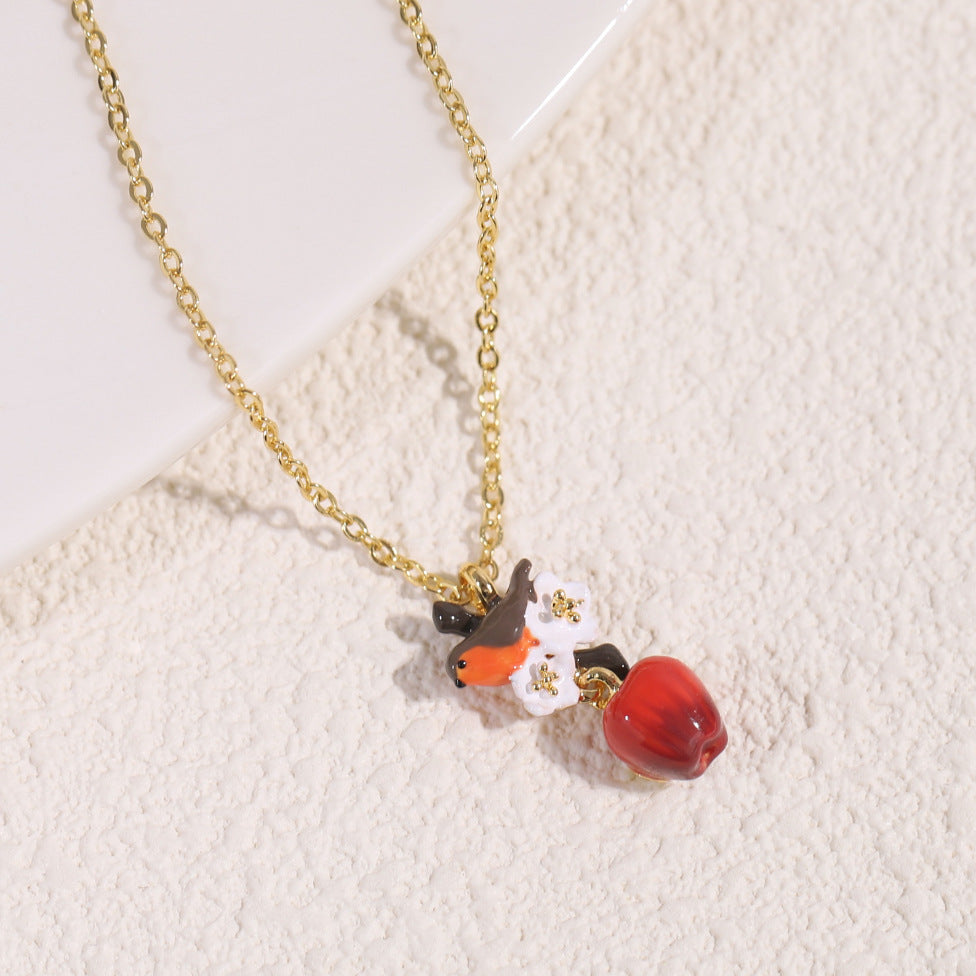 Red Apple and Bird Necklace