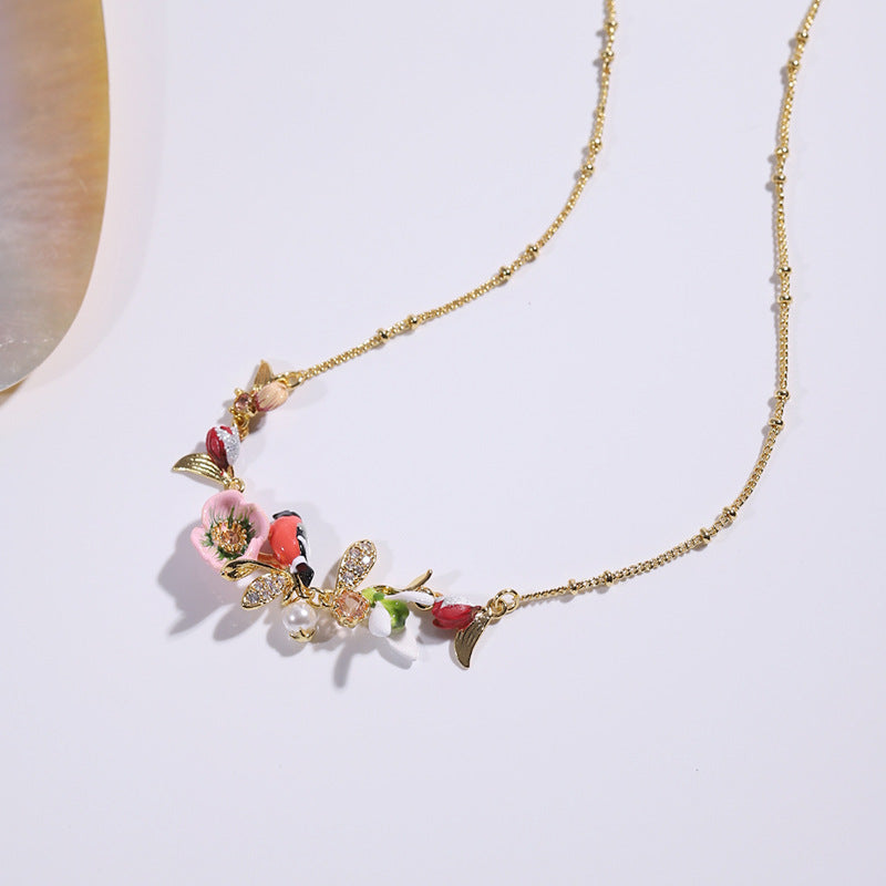 Pink Plum Blossom with Bird Necklace