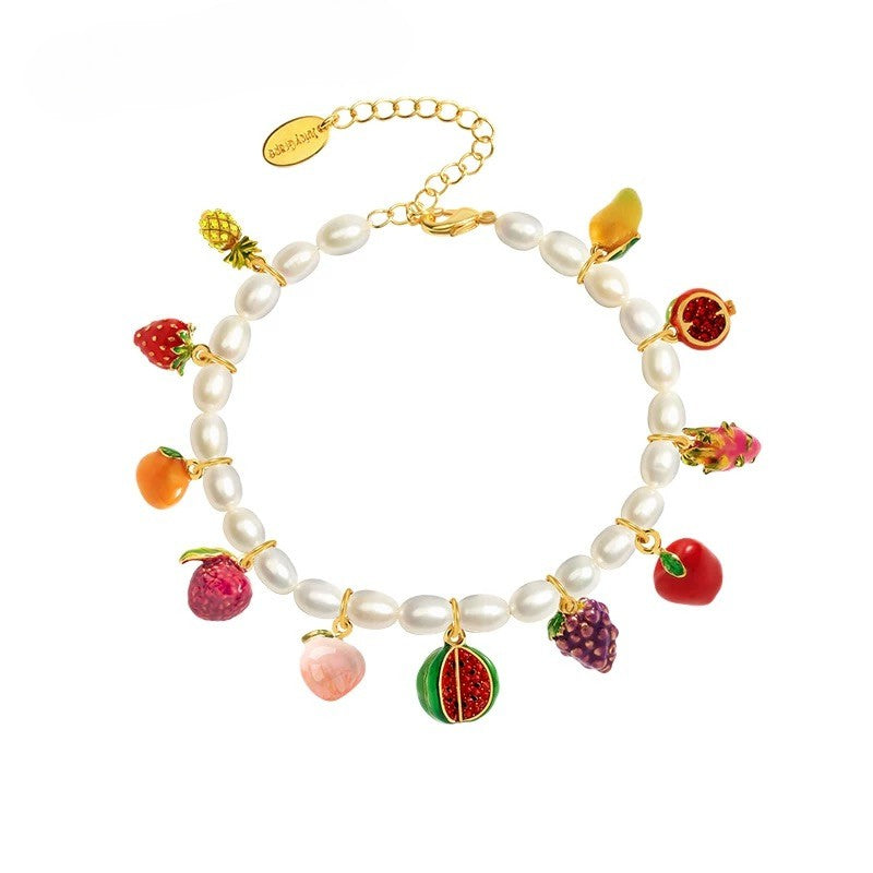 Freshwater pearl and enamel fruit bracelet