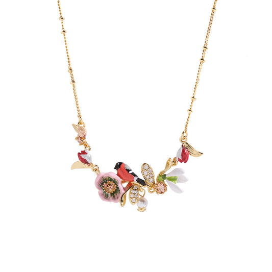 Pink Plum Blossom with Bird Necklace