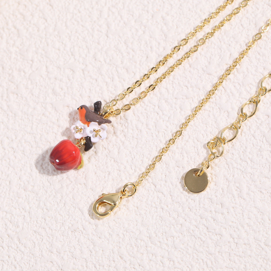 Red Apple and Bird Necklace