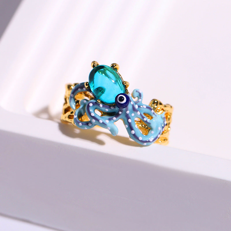 Hand Painted Blue Octopus Ring