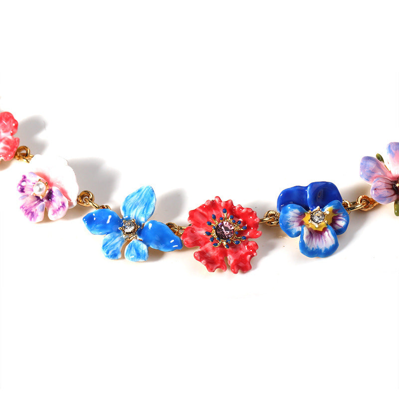 Hand Painted Enamel Multicolor Pansy Necklace