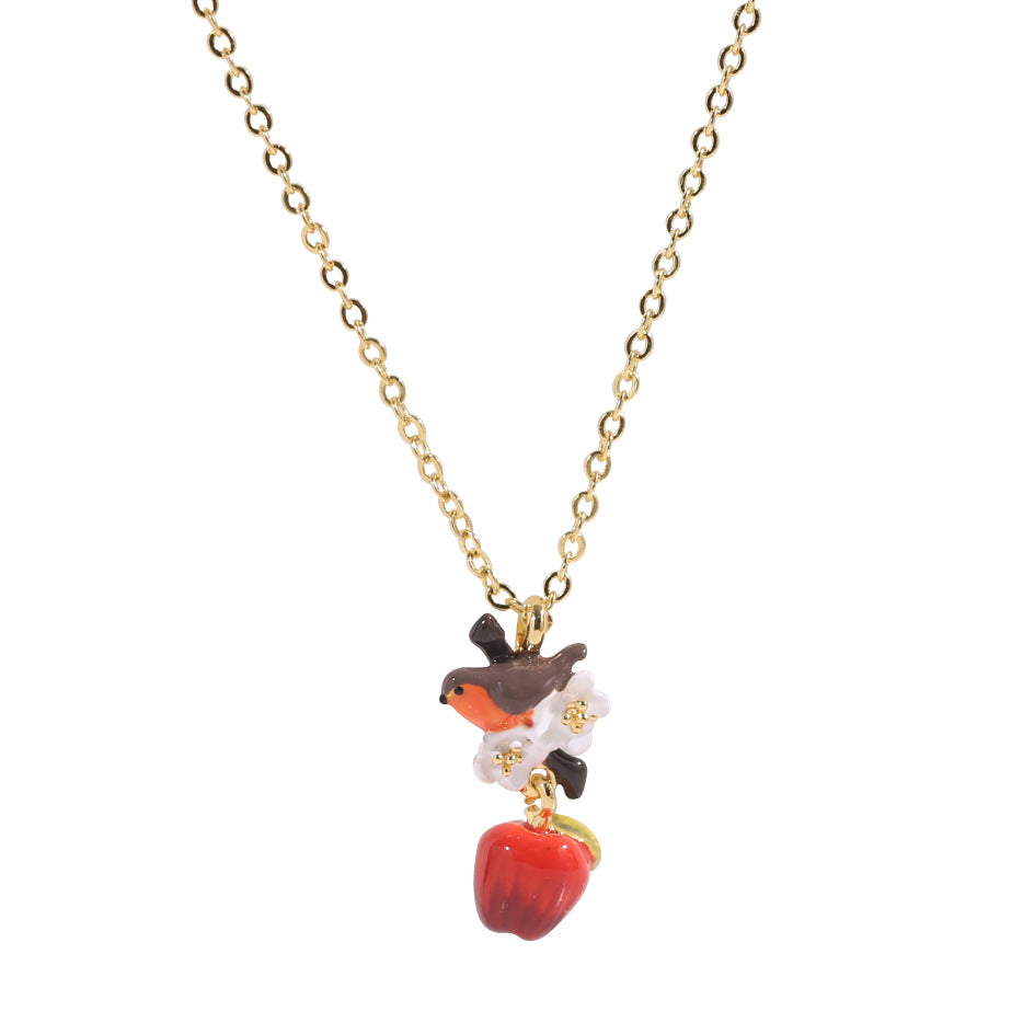 Red Apple and Bird Necklace