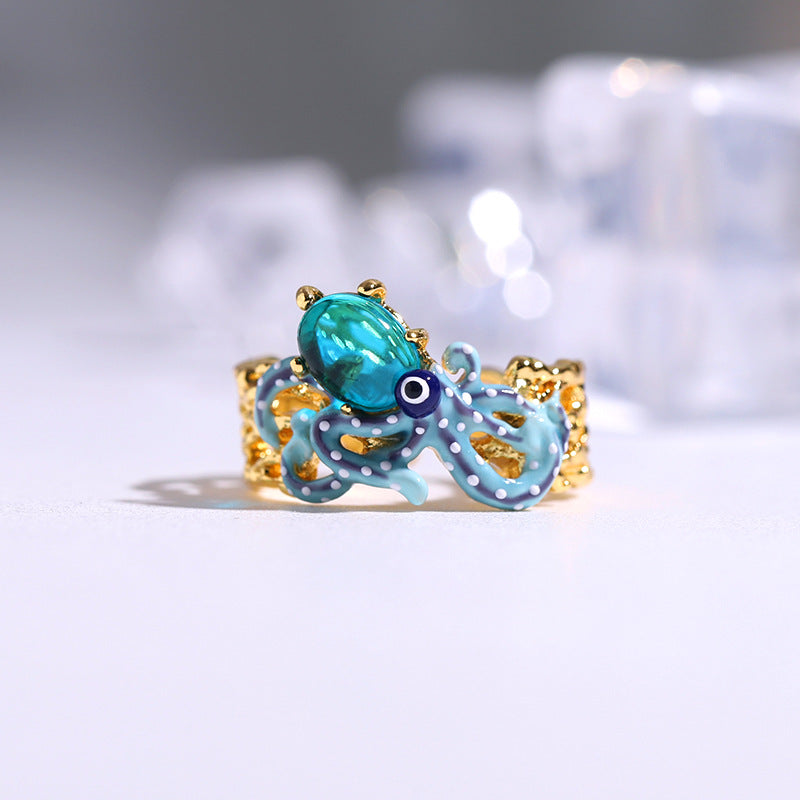 Hand Painted Blue Octopus Ring