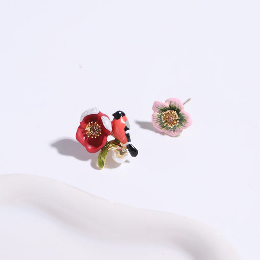 Magpie and Flower Asymmetrical Stud Earring