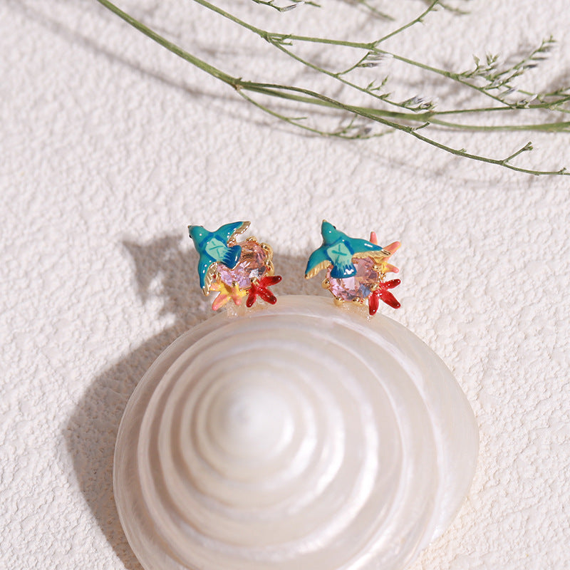 Maple Leaf and Blue Bird Earring