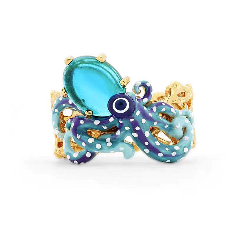 Hand Painted Blue Octopus Ring