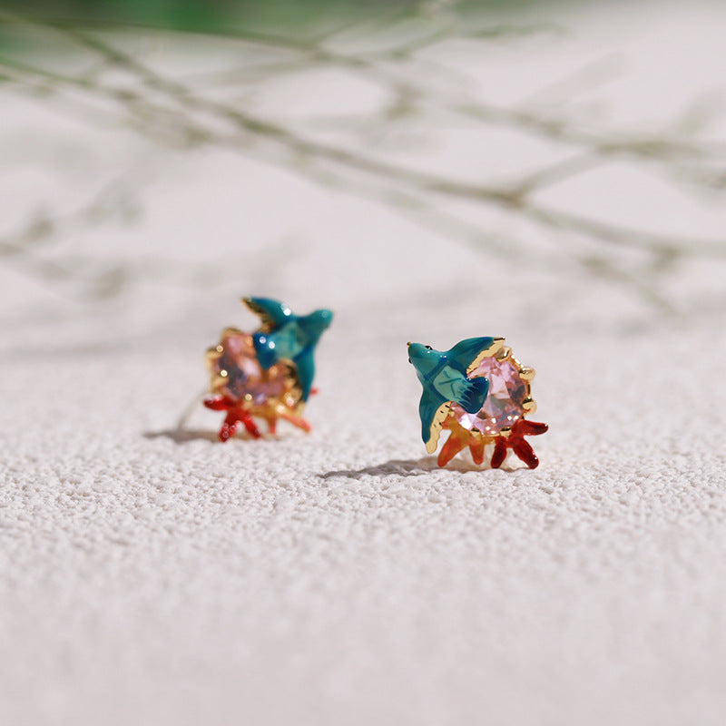 Maple Leaf and Blue Bird Earring