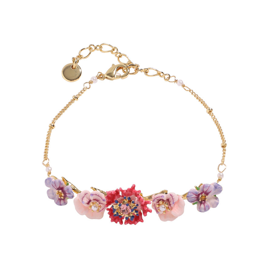 Hand Painted Enamel Pansy Flower Bracelet