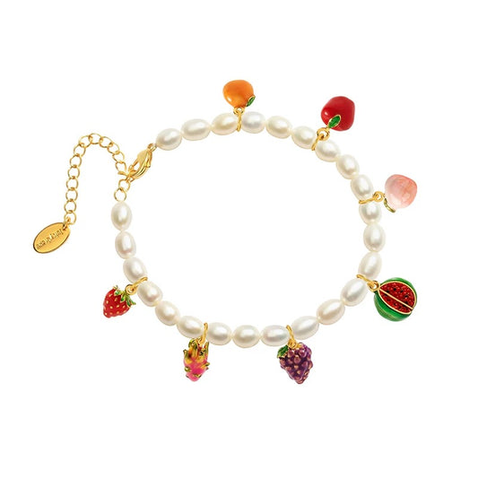 Freshwater pearl and enamel fruit bracelet